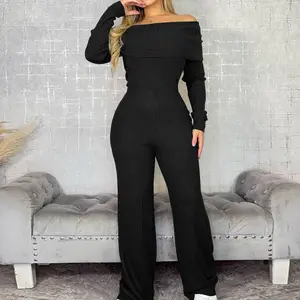 ChicMe Women's  2 Pieces Outfit Button Decor Foldover Off Shoulder Slim Fit Top and Elastic Waist Wide Leg Pants Set Casual Ribbed Set