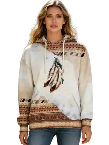 Women's Western Bohemian Hooded Pullover Sweatshirt - Retro Geometric Print with Turquoise Accents, Adjustable Drawstring Hood, Machine Washable Casual Top for All Seasons, Versatile Clothing | Detailed Motif