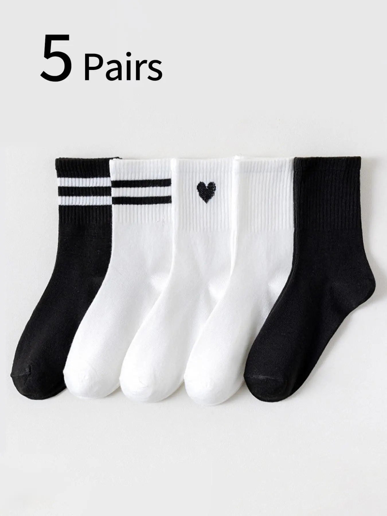 5 Pairs Women's Striped Casual Mid-Calf Socks, Heart Long Cuff, Solid, Comfortable Soft, Daily Wear, Outdoor Sports, Athletic Running Socks, All Season Socks
