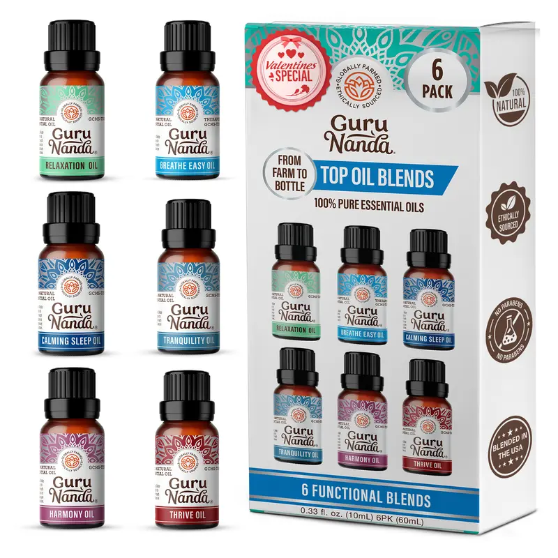 GuruNanda 6 Essential Oil Blends Set - Wellness Aromatherapy