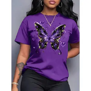 100% Cotton Women's Short Sleeve T-Shirt Sparkly Purple Butterfly And Heart Graphic Tee Glamorous And Romantic Top For Casual Daily Wear Outings And Stylish Statements