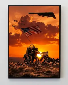 Patriotic 4th of July Poster, 250th American Flag Sunset Landscape, Military Tribute Silhouette, USA Wall Art Decor
