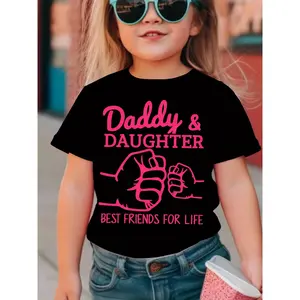 Girls Summer T-Shirt with "Daddy & Daughter Best Friends For Life" Letter Print, Lovely Casual Short Sleeve Top