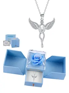 Angel Wing Pendant Necklace, Trendy Charms Necklace, Guardian Angel Charm, Silver Color Clavicle Chain & Rose Gift Box， birthday Christmas gift for  wife and daughter.