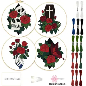 4counts Dark Gothic style Halloween Hand Embroidered Embroidery Craft embroidery kit - fabric decoration painting with skull and rose patterns - includes 1 embroidery hoop - suitable for adult beginners and sewing enthusiasts - unique decorations