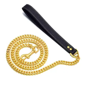 Dog Chain Leash Gold Dog Leash Heavy Duty 3FT 4.3FT18K Gold Stainless Steel 10mm Cuban Link Dog Leash with Comfortable Genuine Leather Handle for Puppy Small Medium Large Dogs