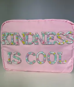 Kindness is Cool Custom Makeup Bag in Pink, XL Nylon Cosmetics Bag with Patches