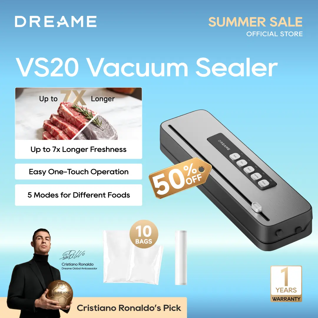 DREAME VS20 Automatic Vacuum Sealer Machine, -65kPa Suction, Guided Bag Placement, Reinforced Double Seal, 5 Modes with Cutter for Meat, Moist Foods, Sous Vide Meal Prep, Vacuum Sealing Machine
