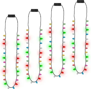 Light up Christmas Necklace, 4pcs Xmas Bulb Necklaces Accessories Bulk, Colorful Glow 3D Xmas Bulb Necklaces Decor, 3 Modes Light Necklace Decor for Ugly Sweater New Year Family Party Supplies