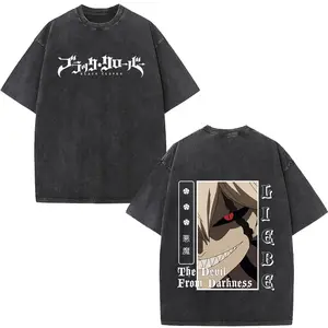 valentine shirts Washed Anime Black Clover Logo Graphic Print T-shirt Harajuku Summer Fashion Casual Cotton hot product 1High-end Luxury Unisex