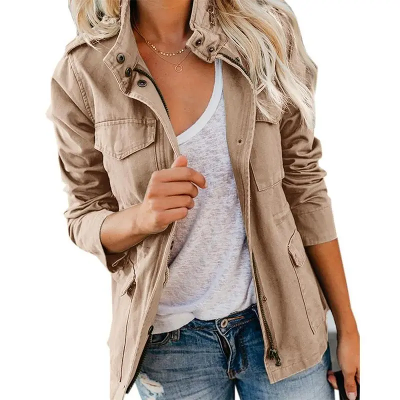 Women Military Anorak Jackets Zip Up Snap Buttons Parka Safari Utility Coats Outwear with Pocket