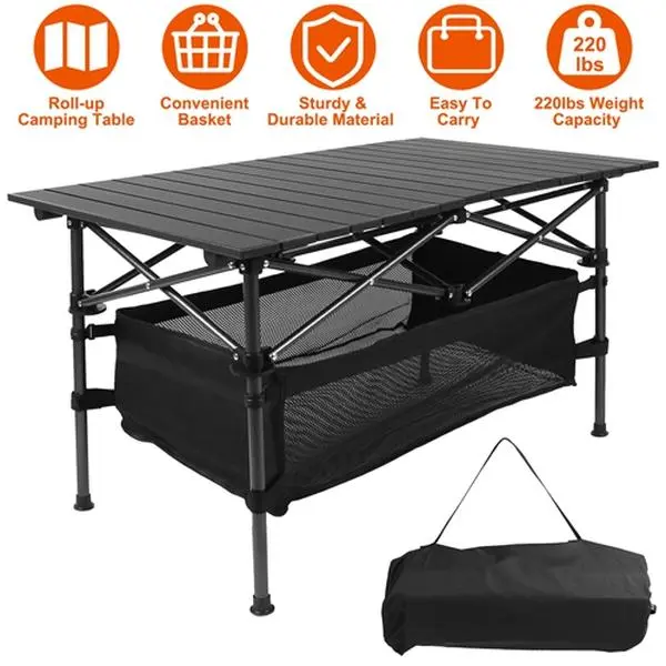 Portable Foldable Aluminum-Steel Camping Furniture Table - Lightweight, Roll-Up Setup, Heavy-Duty Outdoor Picnic Table with Carrying Bag for Backyard, Garden