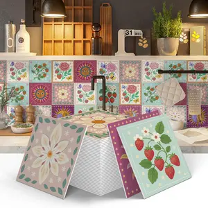 12/24pcs Multi Pattern Floral Tile Sticker, Decorative Tiles Stickers, Waterproof Removable Decorative Wall Sticker, Suitable for Kitchen Bathroom Living Room Home Decor