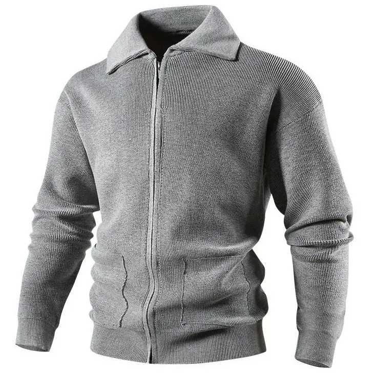Men’s knitted zip-up cardigan jacket, stand collar sweater cardigan, solid color casual long-sleeve lightweight jacket, soft and warm street-style top