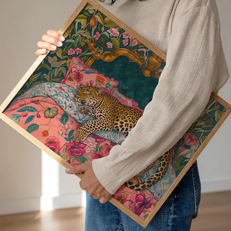 Sleepy Leopard in a Vintage Bed Print - Pink & Emerald Green Maximalist Wall Art - Jungle Bedroom Decor