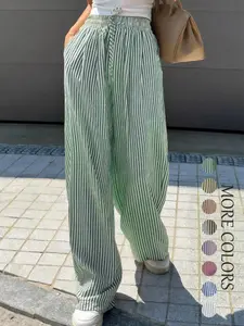 Women's Striped Print Drawstring Waist Wide Leg Pants, Casual Pocket Trousers for Summer, Fashion Women's Bottoms for Daily Wear