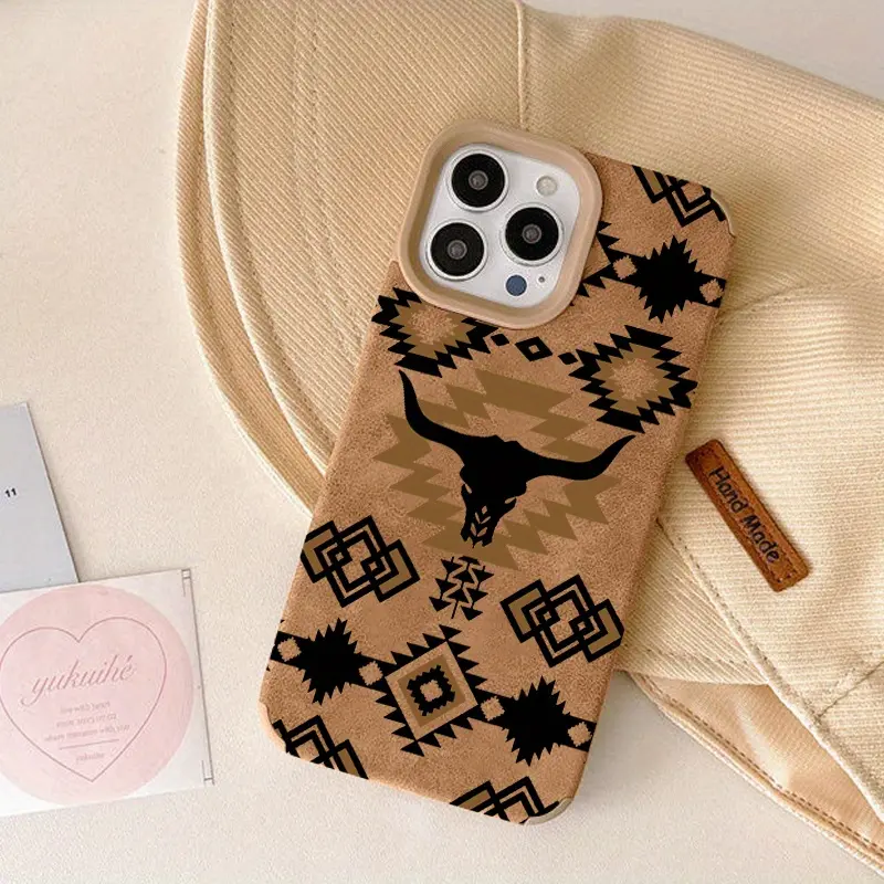 Niche Artistic Western Longhorn Phone Case for iPhone 17/16/15 Pro Max/14 Plus/13/12/11 Pro/Air| TPU + Faux Suede, Anti-Smudge Drop-Proof Soft Cover