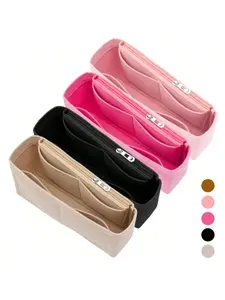 Baguette Multi-Pocket Felt Cloth Organizer Insert Bag Women's Zipper Cosmetic Travel Makeup Pouch Lightweight Portable Inner Wallet Storage School Supplies