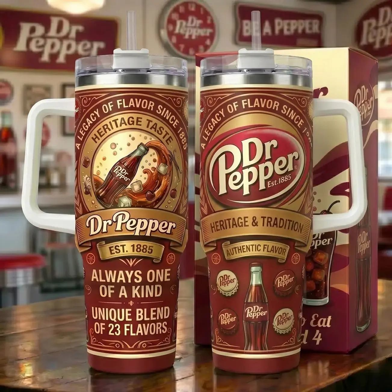 Father's Day Gift Dr Pepper Heritage 141st Anniversary 40oz Tumbler, Est 1885 Unique Blend of 23 Flavors Travel Car Mug with Handle, Insulated Stainless Steel Ice Cup, Vintage Authentic Legacy Soda Merch, Meaningful Birthday Present for Father Husband