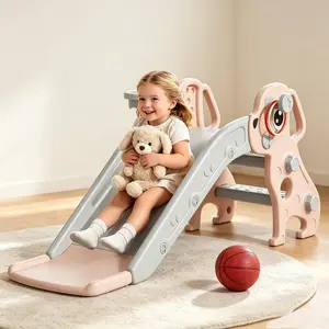 BIERUM 4-in-1 Toddler Slide, Puppy Shaped Playset for Age 1-3, Indoor Outdoor Kids Slide with Basketball Hoop & Ring Toss, Pink Gray