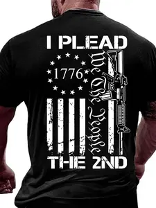 American 1776 Freedom Print Tactical Cotton T-Shirt Graphics, 2nd Amendment Theme, Casual Loose Fit Short Sleeve, Trendy Top