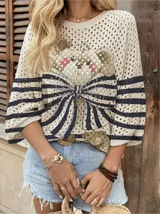 Spring and summer style, Casual, Stripe, round neck hollow loose bat blouse with shoulder sleeves, contrast color bear print women's knit blouse, seaside blouse