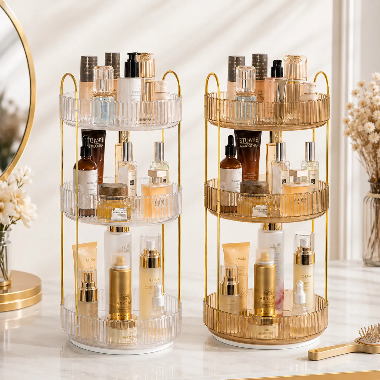 3-Tier Rotating Acrylic Cosmetic Storage Holder, Transparent Smooth 360° Rotation Beauty Supplies Organizer with Layered Design for Bathroom Counter & Bedroom Dresser Vanity Decor