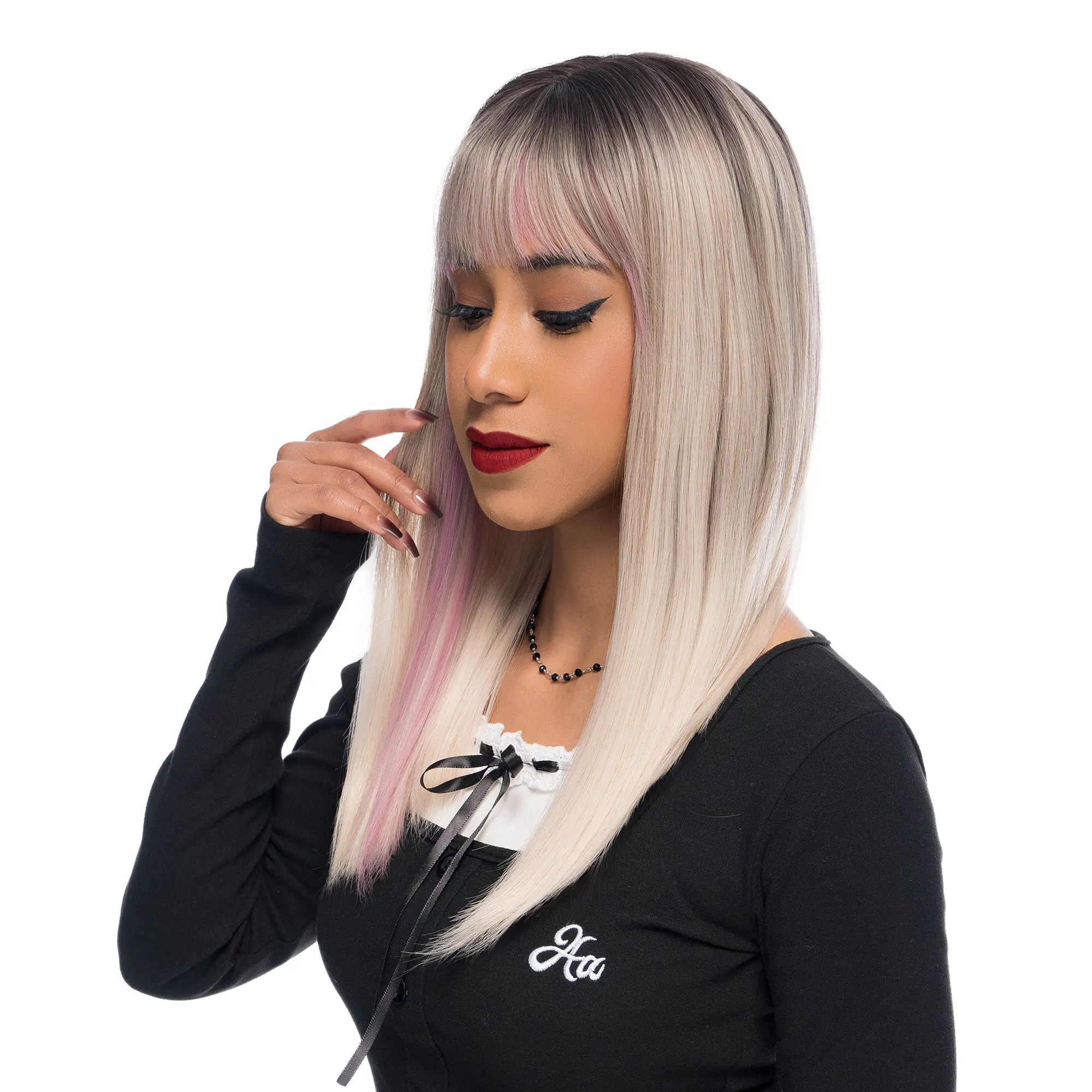 18-Inch Platinum Blonde Ōmbre (Dark Roots, Pink Underlights) Straight Synthetic Wig | 【Heat Resistant】【Cap Included】 | #25 @35 51FSGB