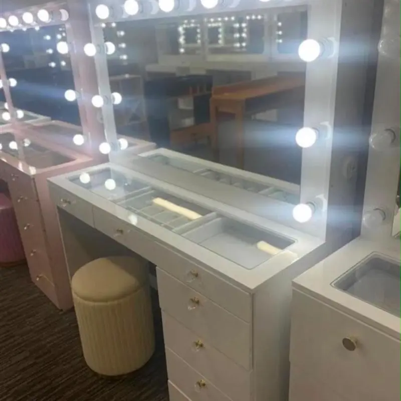 Lighted Vanity Table with Glass Top | White Elegance & 7 Drawers