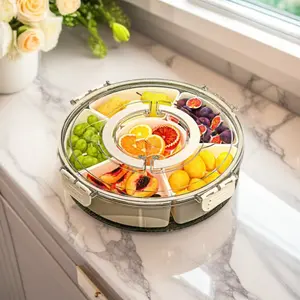 6-Compartment Living Room Fruit Tray with Snack Display Separated Food Storage Box with Lid Rotating Handheld Tray Refrigerator Freshness Box Food Storage Containers Multipurpose Food Organizer Reusable Snack Container
