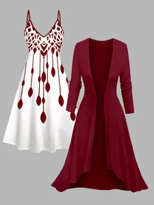 DRESSLILY 2025 Women's 2pcs Vacation Set Geometric Print Spaghetti Strap Dress and Open Front Top Set Christmas Dresses Matching Set