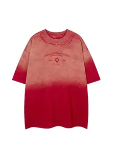 American Vintage Washed Tie-Dye Gradient Letter Thorn Print Short Sleeve T-Shirt, Unisex Casual Fashion Round Neck Half Sleeve Tee Streetwear