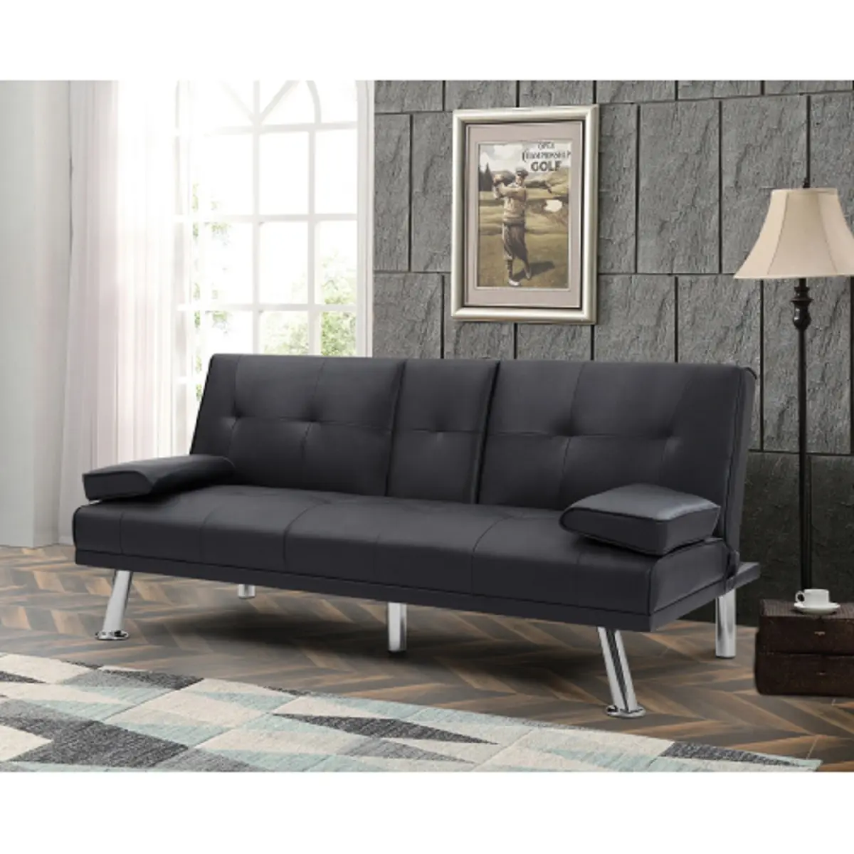 Leicester in Black Faux Leather Multi-Functional Sofas: Sofa, Lie Function, and Foldable Bed