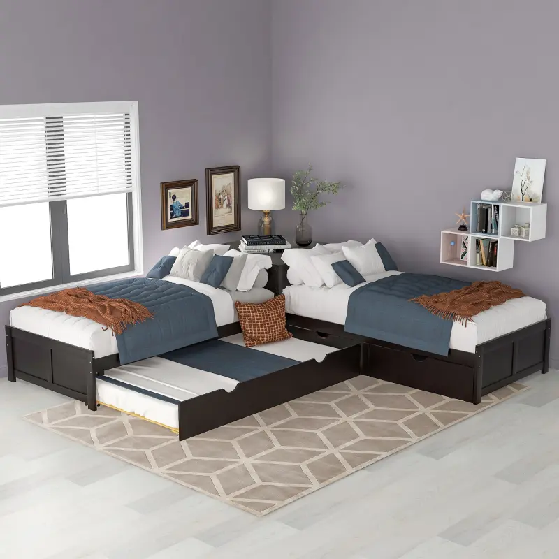 L Shaped Bed Twin Corner Bed with Storage Drawers Linked with Built-in Desk, Wooden Twin Platform Bed with Trundle for 3  Teens Adults (Twin Size）