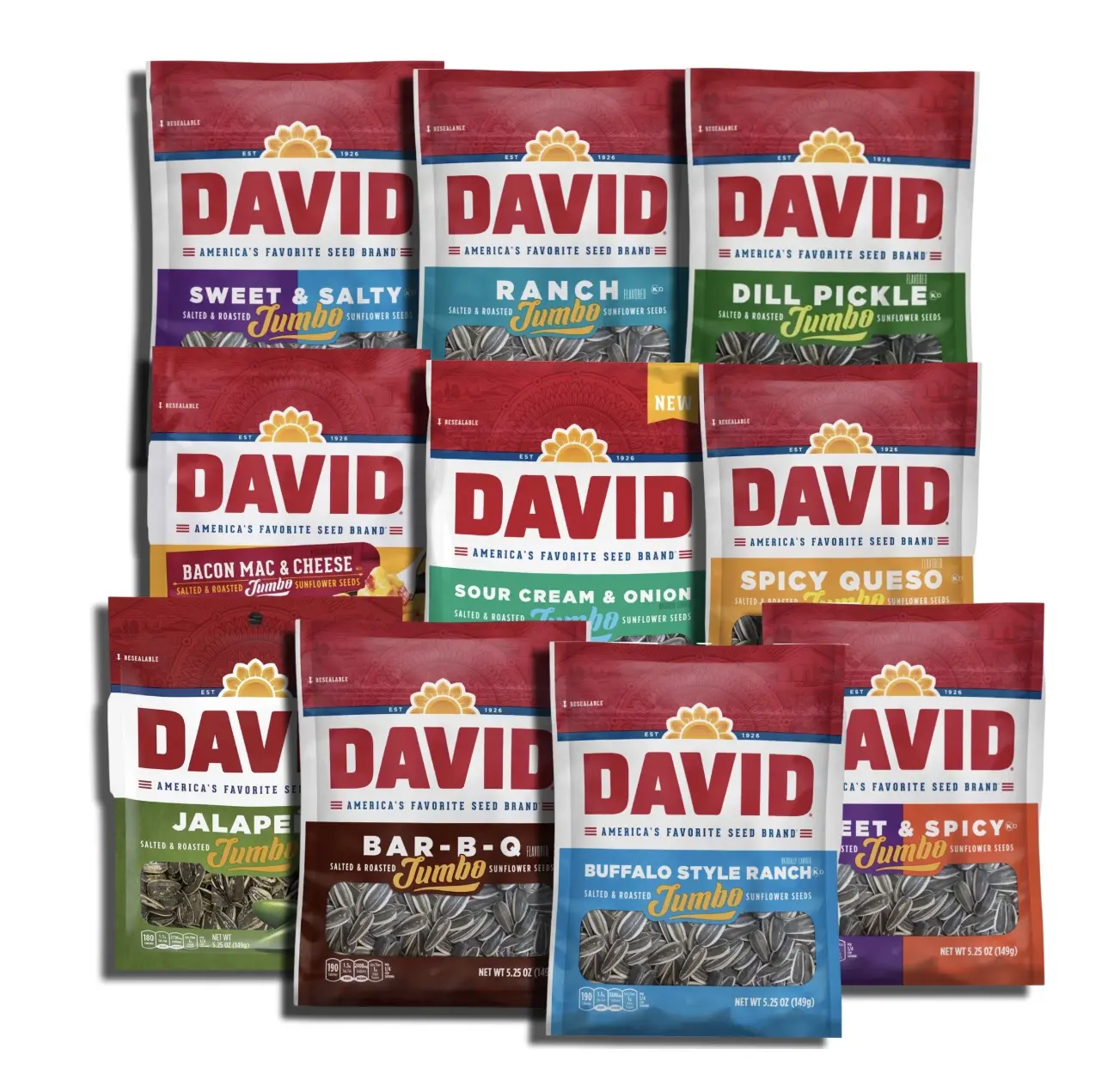 DAVID Sunflower Seed Variety Pack - 10 Rotating Flavors, May Include BBQ, Dill Pickle, Ranch, Sour Cream，Sweet & Salty Snacks, Seed Mix, Sunflower Seed Sampler