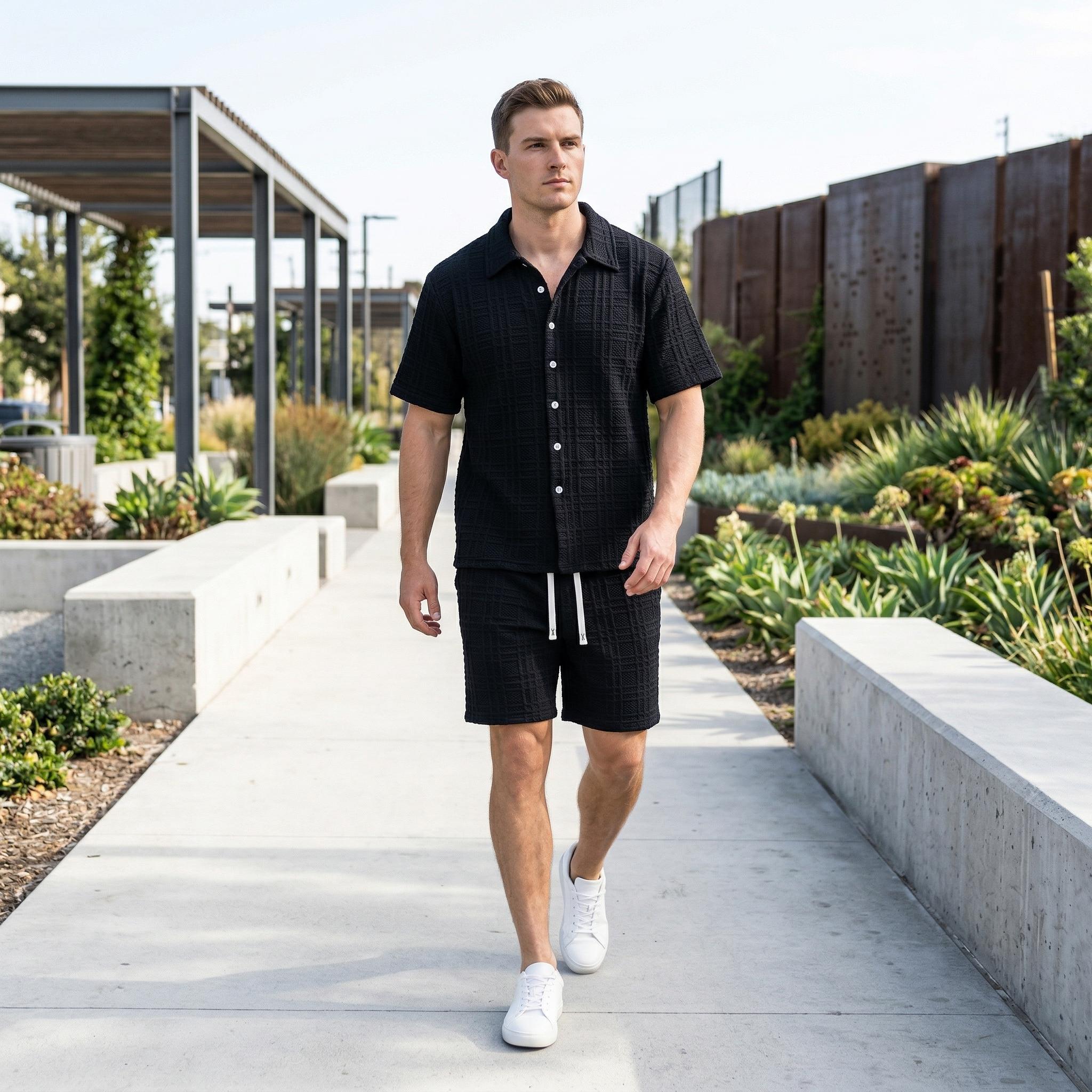 Men's 2 Piece Outfit, Textured Knit Button Down Shirt & Shorts Set for Summer
