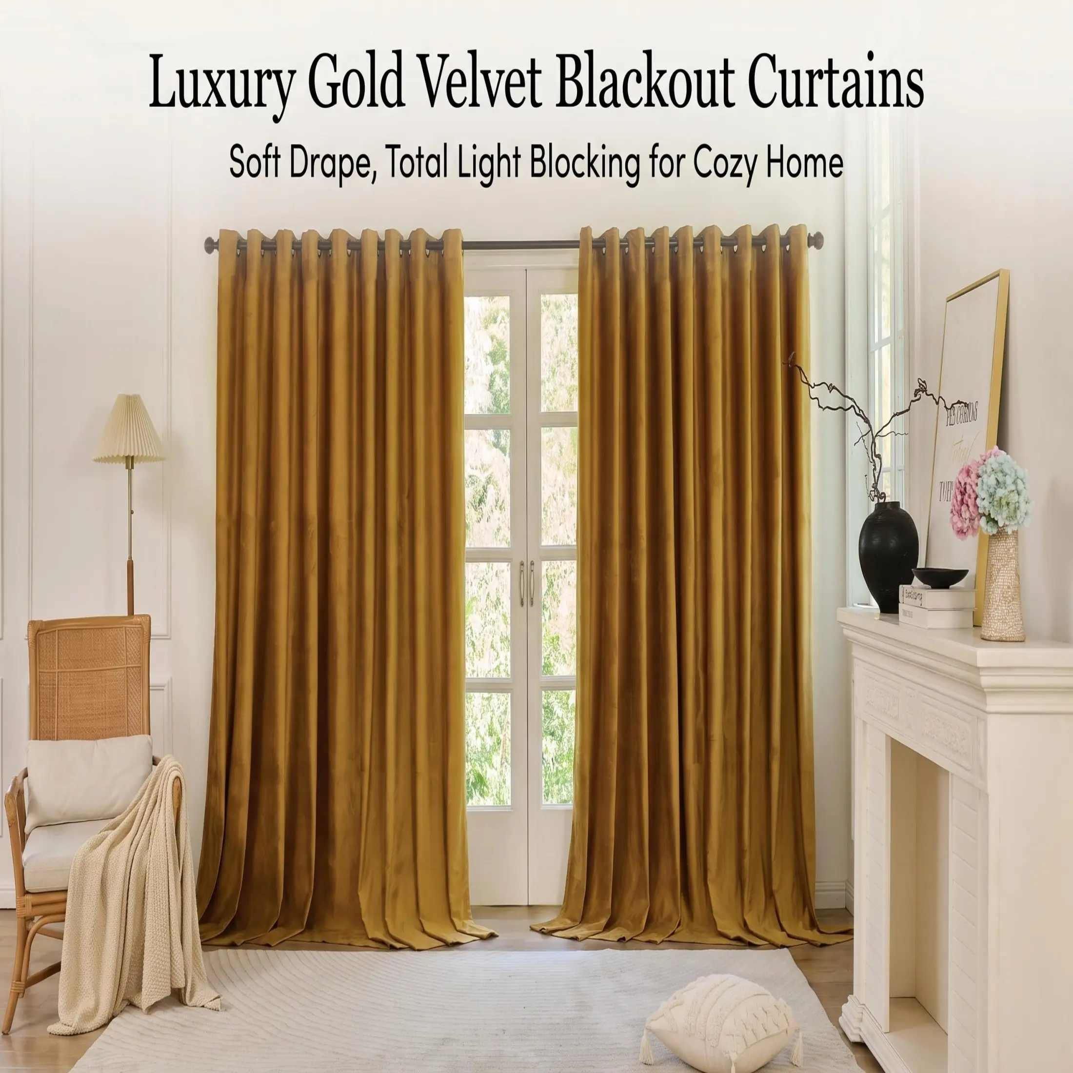 2-Piece Set of Velvet Blackout Curtains, Insulating and Heat-Resistant, with Metal Ring Design, Soft-Textured Solid-Color Curtains, Ideal for Bedroom and Living Room Decor, Gold/Olive Green