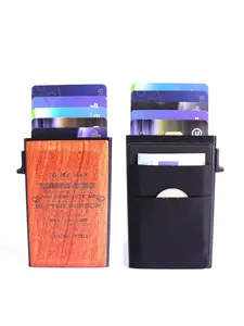 Personalized Men's Ultra-Thin Wallet Card Holder, Wood and Aluminum Alloy Material Card box for coin,money and cards, Side Push Card Box for men, dad, husband,Gift Box Packaging, Valentine's Day Gift