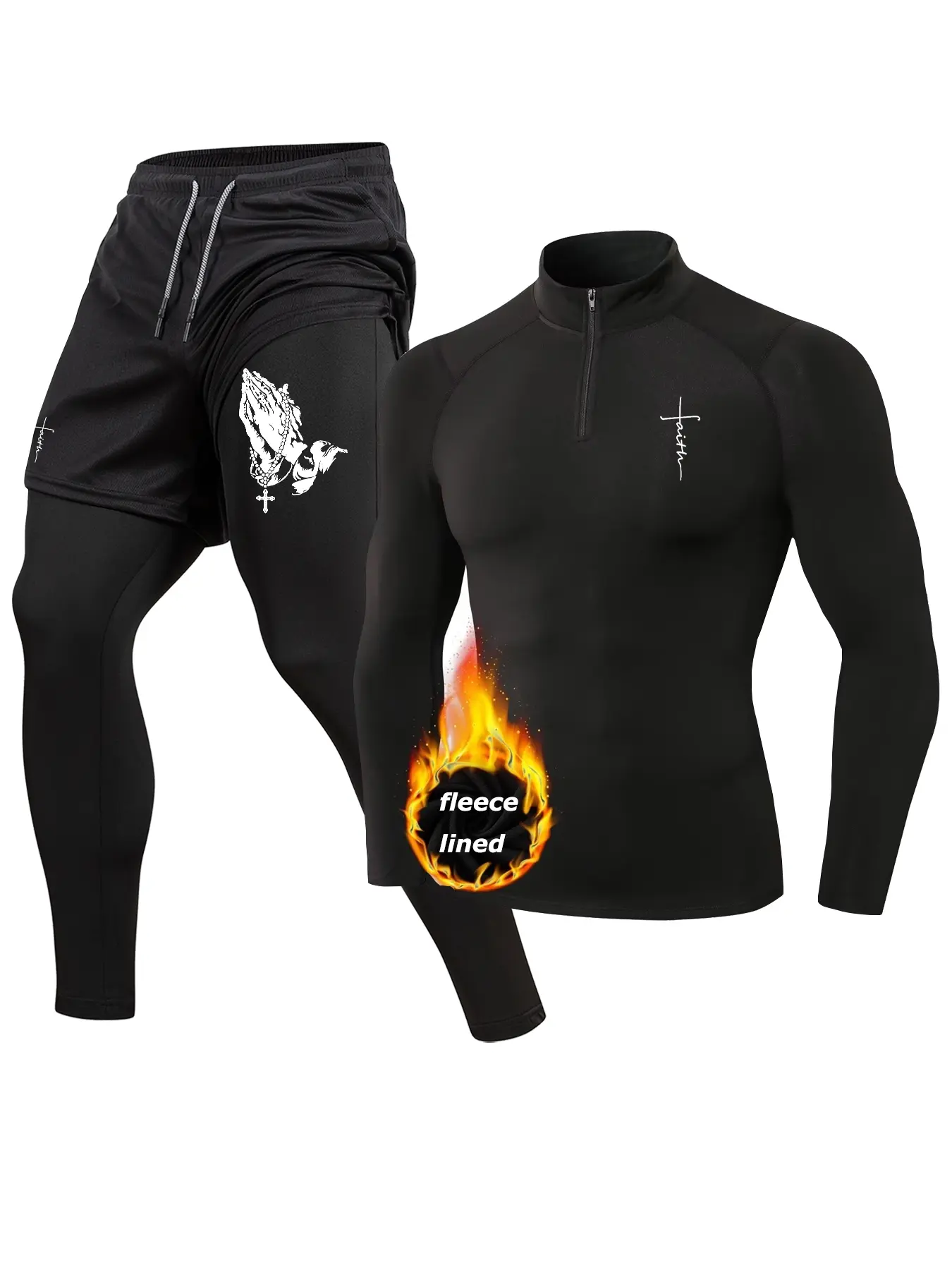 Prayer Faith Cross Print Fall Winter Workout Running Athletic 2 Pieces Set for Men, Thermal Warm Fleece Lined Baselayer, Zippered Mock Neck Long Sleeve Compression Shirt, Quick Dry 2-in-1 Leggings Pants with Phone Pocket, Towel Loop, Zipper Pocket