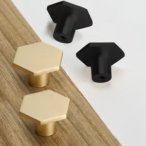 Goldenwam 5Pack Solid Brass Cabinet Knobs Hexagon Gold Dresser Drawer Pulls Handles Gold/Black doorknobs