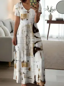 Women's Plus Size Lightweight Elegant Maxi Dress, Artistic Print V-Neck Short Sleeve Loose-Fit Summer Dress for Everyday Wear
