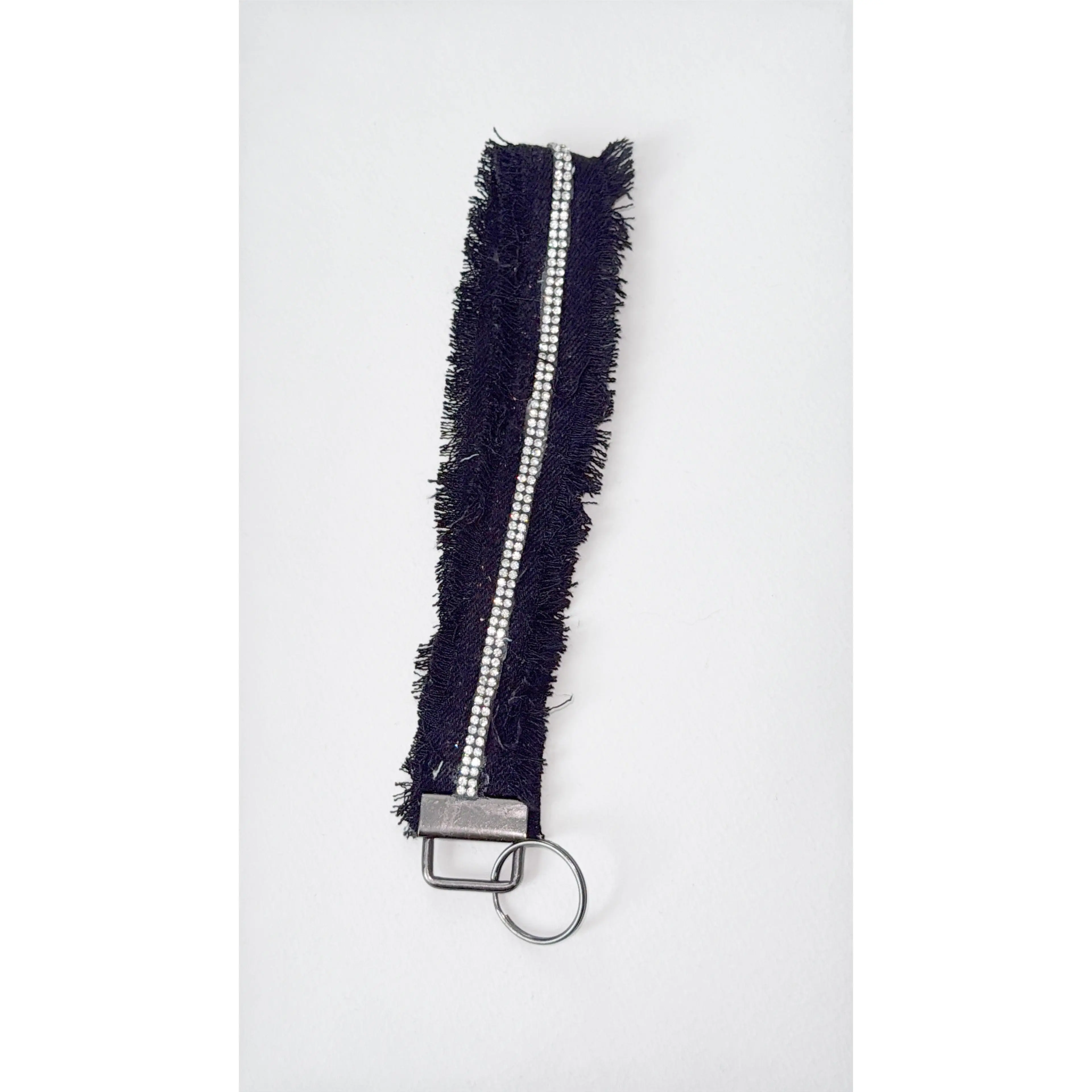 Wristlet keychain - blk denim with double rhinestone strip embelishement
