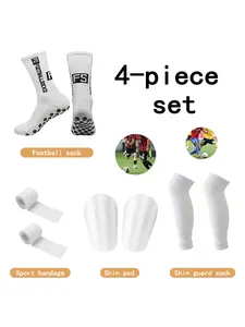 4pcs Football Gear For Men Women Outdoor Sports Anti Slip Socks Soccer Grip Socks Basketball Fitness Socks With Mini Shin Guards Elastic Calf Socks Compression Socks Breathable Sports Tape