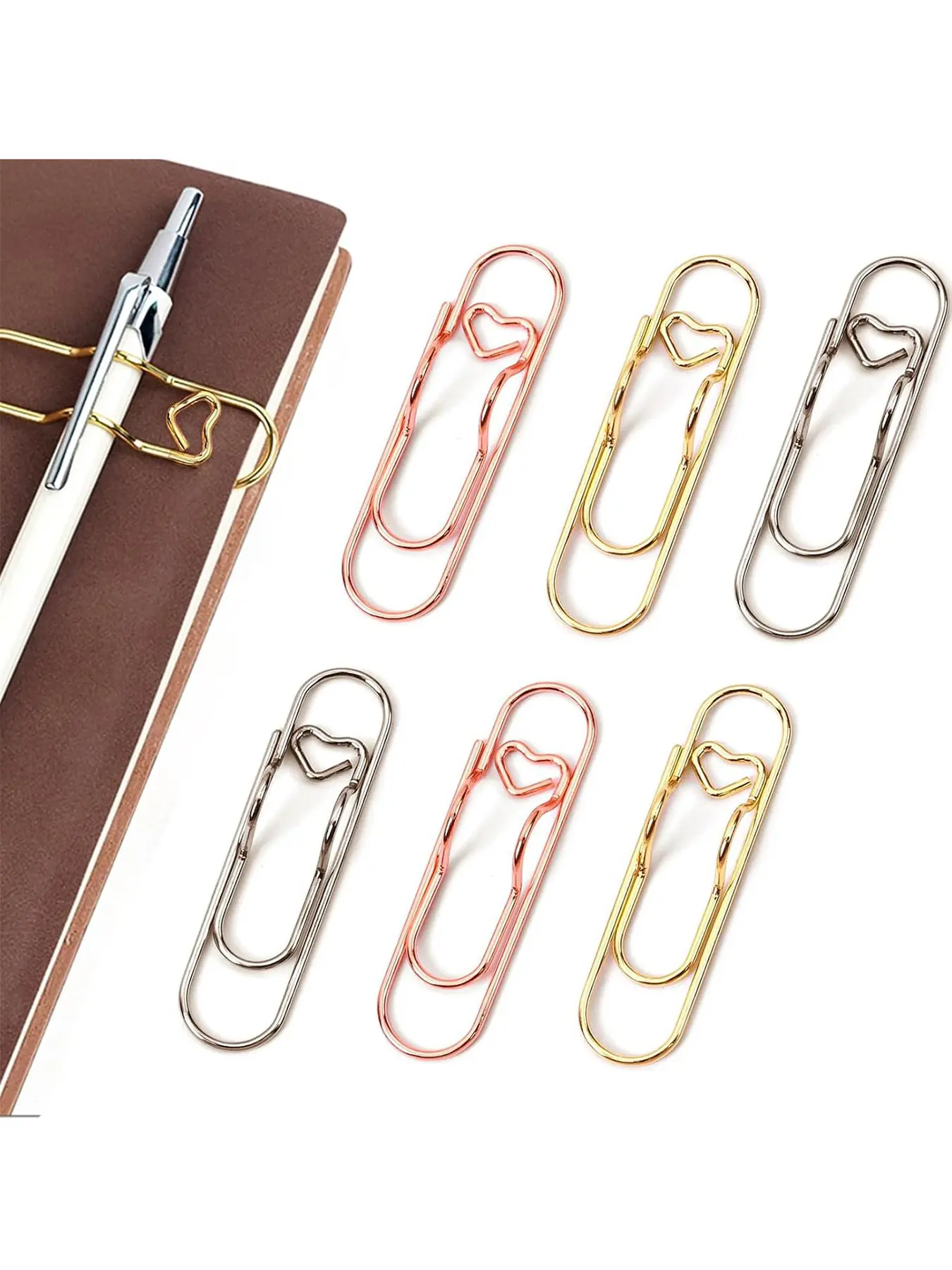 6-pack colored metal hollow-out heart-shaped paper clips with hairpins, suitable for securing stationery, notebooks, books, newspapers, and art photographs, DIY multi-functional clips, Fastener Clip