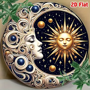 2D Flat, 1pc Celestial Sun and Moon Harmony Aluminum Wall Art - 7. 8" Round Vintage Metal Sign with Golden Sun, Moon, and Stars Design, Cosmic Astronomy-Themed Decor for Bar, Cafe, Beach House, Indoor & Outdoor Spaces, Moon Decor, Indoor Wall Art, Elegant