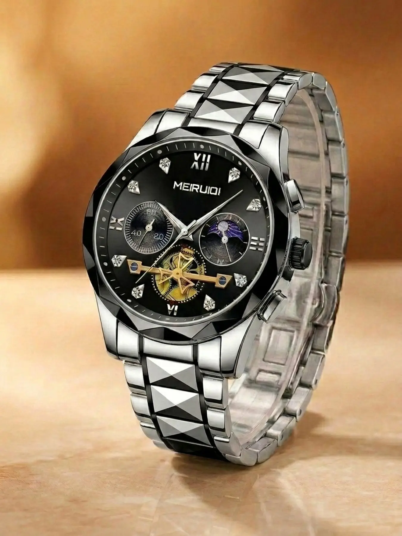 A men's fashion silver quartz watch with a black dial, skeleton design, Roman numeral markers, multiple sub-dials, delicate embellishments, trendy and versatile, suitable for business and casual wear