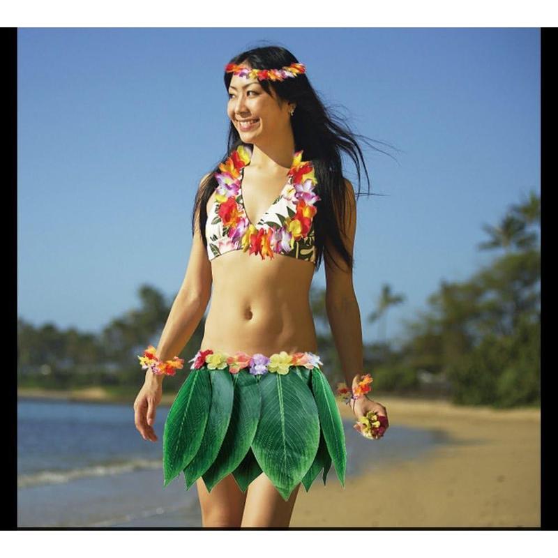 Leaf Hula Skirt and Hawaiian Leis Set Grass Skirt with Artificial Hibiscus Flowers for Hula Costume and Beach Party Womenswear Clothes