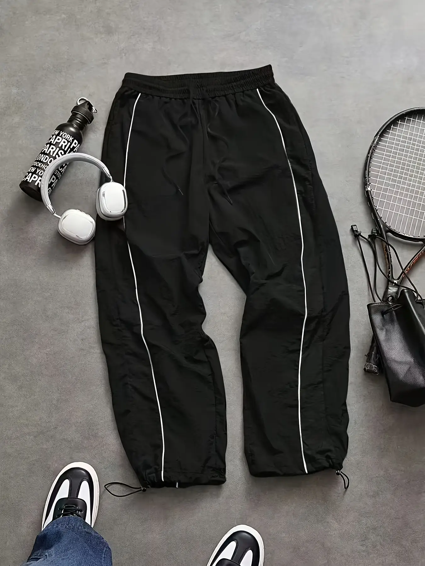 Men's Fashion Print Elastic Cargo Chino Pants, Taslon Fabric, Waist Drawstring, Adjustable Ankle, Slim/Oversized/Small Fit, Stretch, Classic Black & Beige 2-Pack, for Daily Wear & Casual Sports, Elastic Men's Pants, Fashion Men's Pants