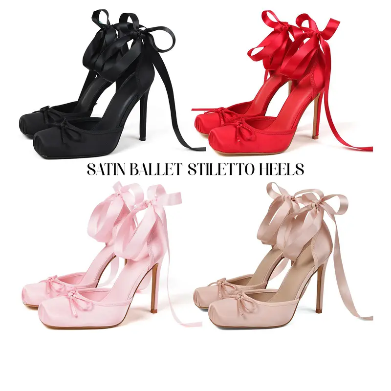 Womens Satin Ballet Heels Square Toe Stiletto High Heel Lace Up Bownot Ribbon Ankle Strap Comfy Slip On Ballerina Pumps Work Casual Events Party Gifts for Her Wedding Dressy Dating Strappy Shoes Spring Summer Valentine Heels