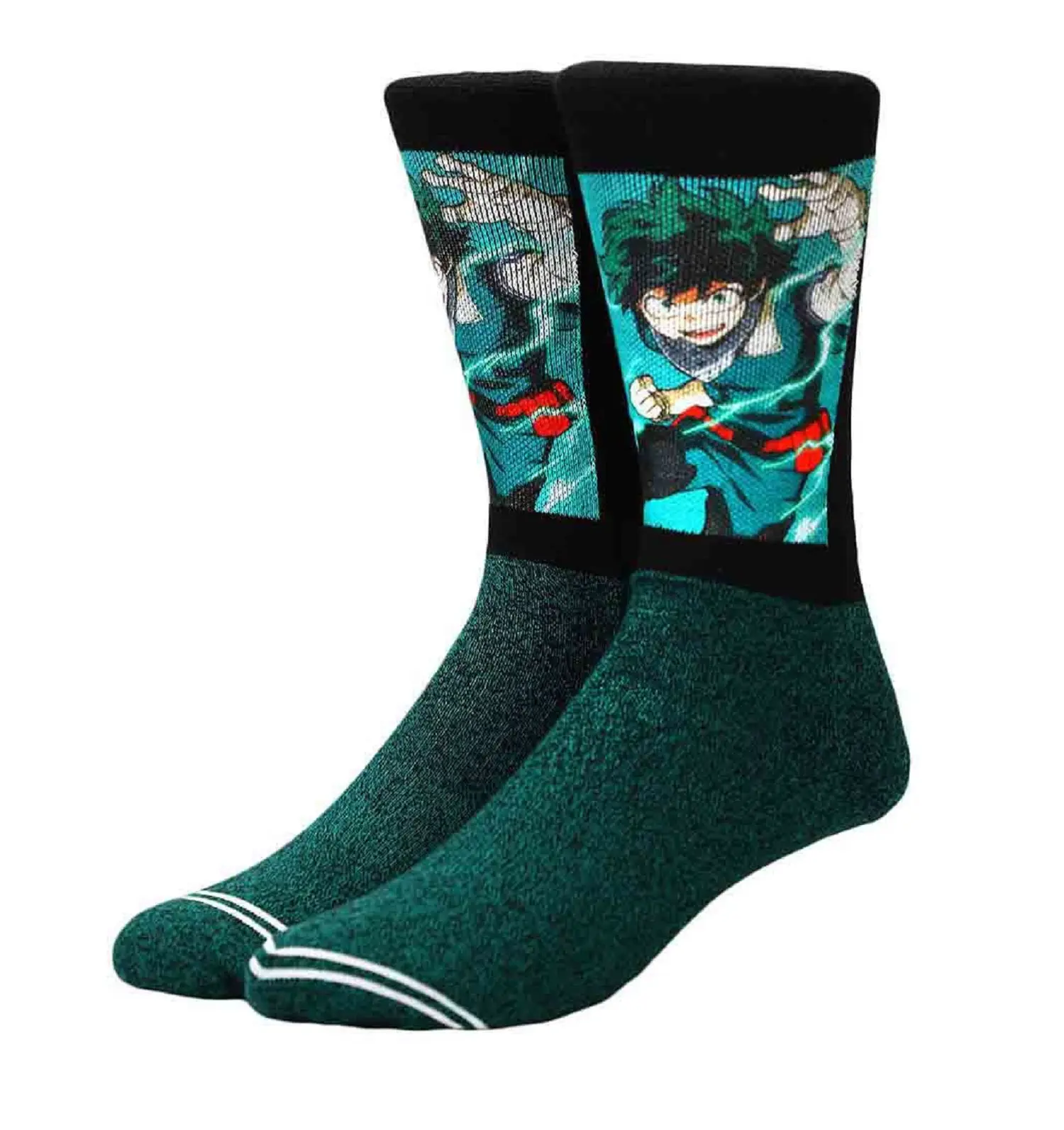 Women's Crew Socks, My Hero Academia Anime Deku Print, Polyester Spandex Blend with Cushioned Footbed & Arch Support, Pockets, Compression, Fits, Anime Art, Deep Heel Pocket, Casual, Fashion